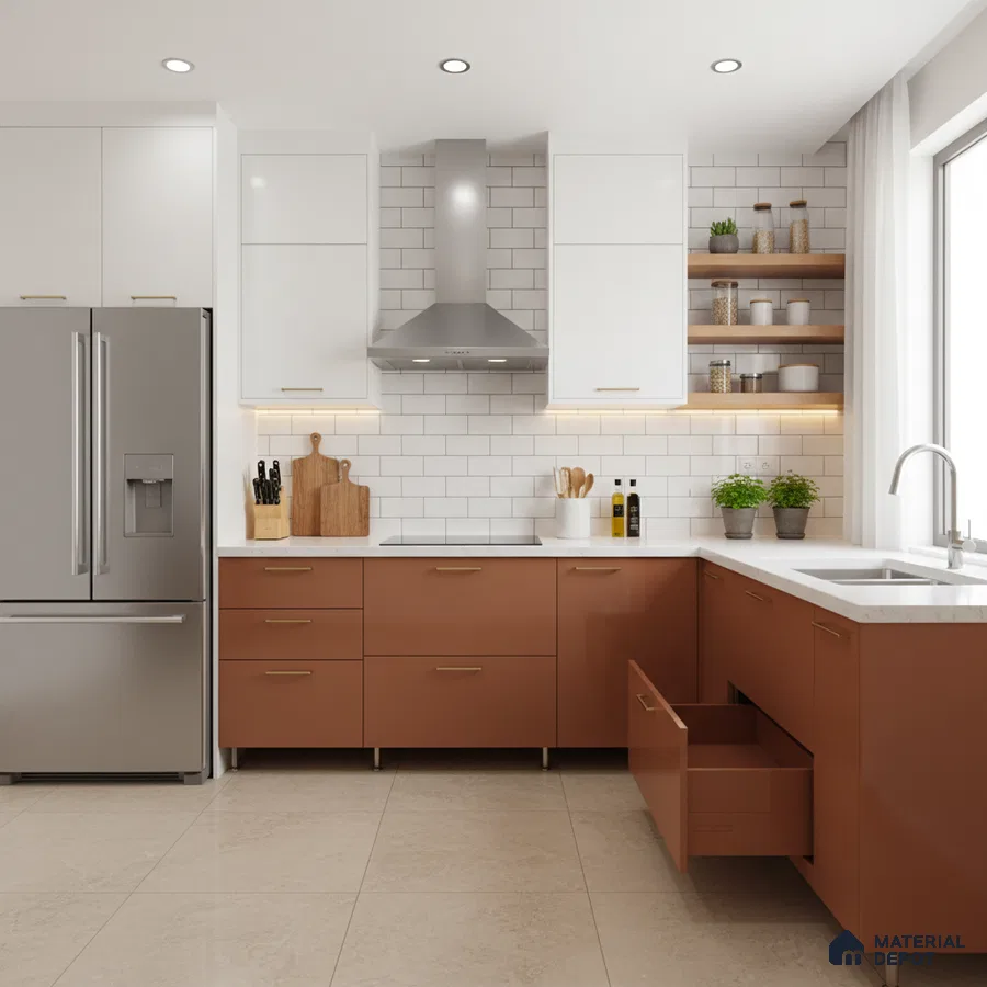 Modern dual tone kitchen with terracotta laminate, frosty white laminate, and white subway tile backsplash in Bengaluru