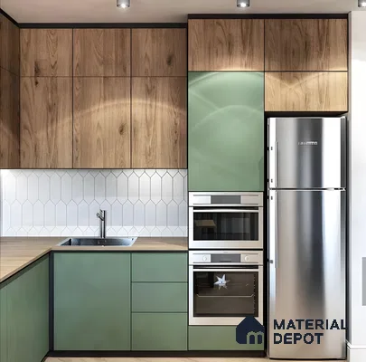 Modern Dual-Tone Kitchen With Walnut And Sage Green Finish | Material Depot