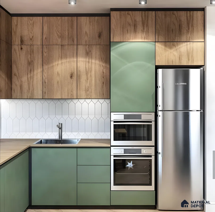 Modern Dual-Tone Kitchen With Walnut And Sage Green Finish | Material Depot