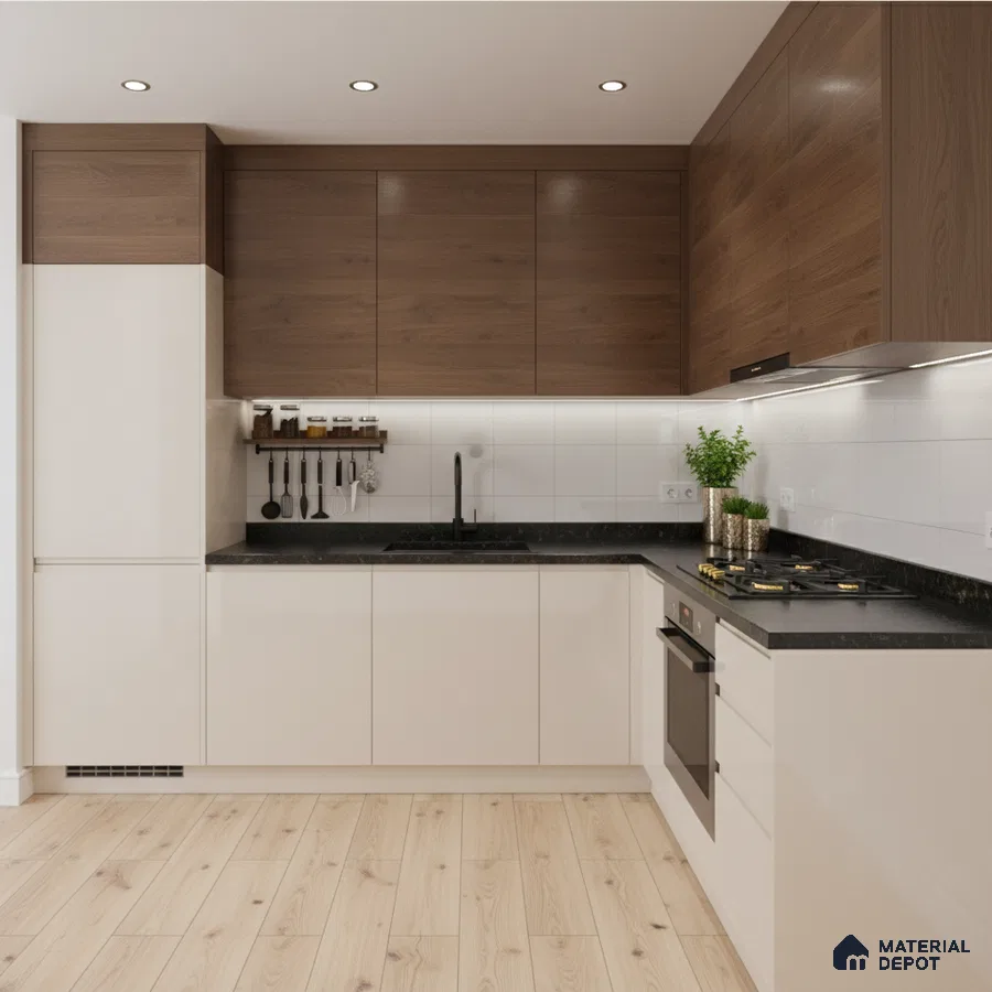 Modern dual tone kitchen with walnut brown wood laminate, frosty white laminate, and black quartz countertop in Bengaluru