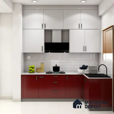 Modern dual tone kitchen with white and deep red laminate, white subway backsplash tile, and white quartz countertop in Bengaluru | Material Depot