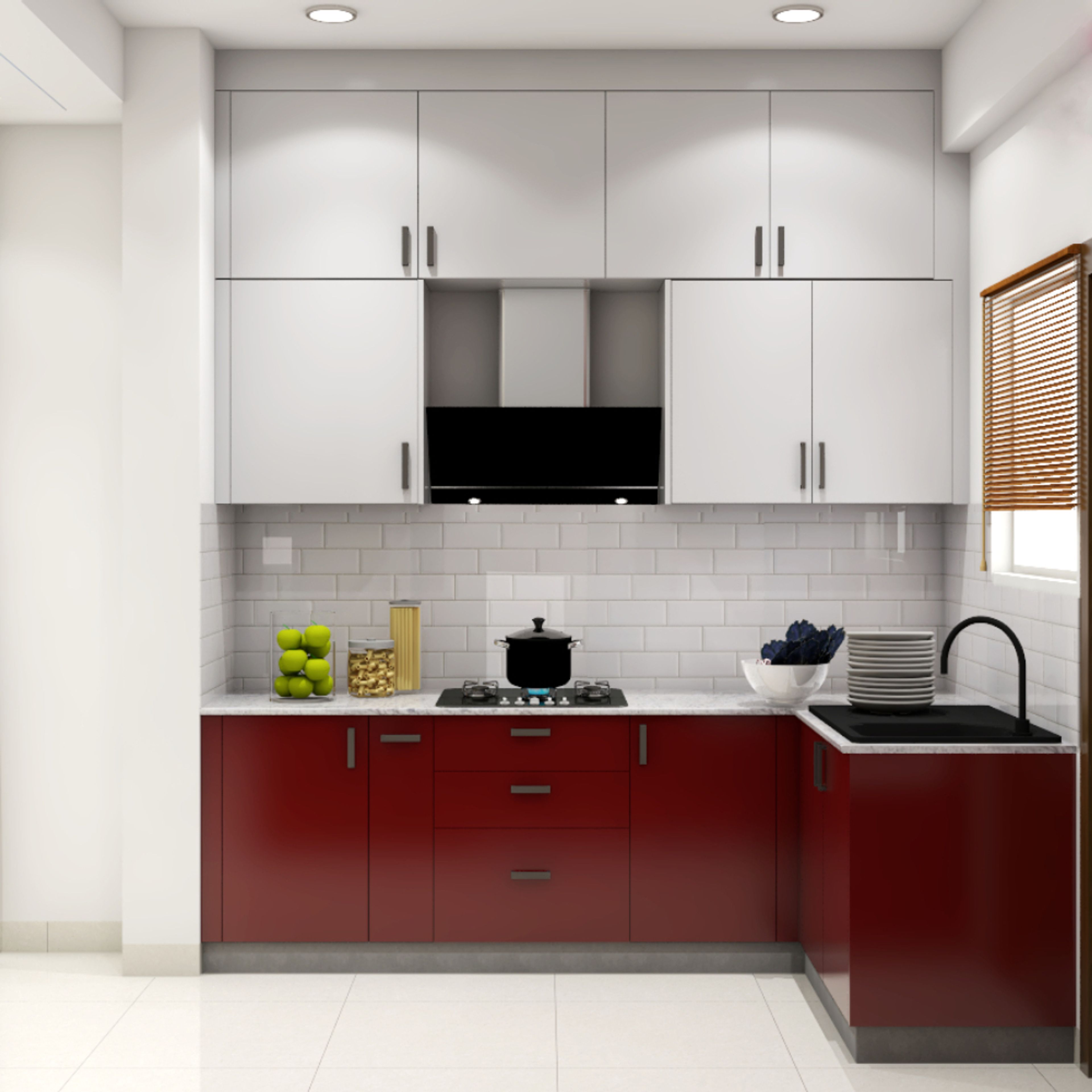 Modern dual tone kitchen with white and deep red laminate, white subway backsplash tile, and white quartz countertop in Bengaluru | Material Depot