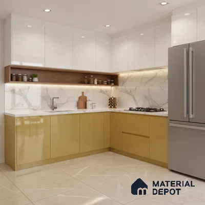 Modern dual tone kitchen with white and mustard yellow laminate, marble backsplash, and beige marble floor tiles in Bengaluru