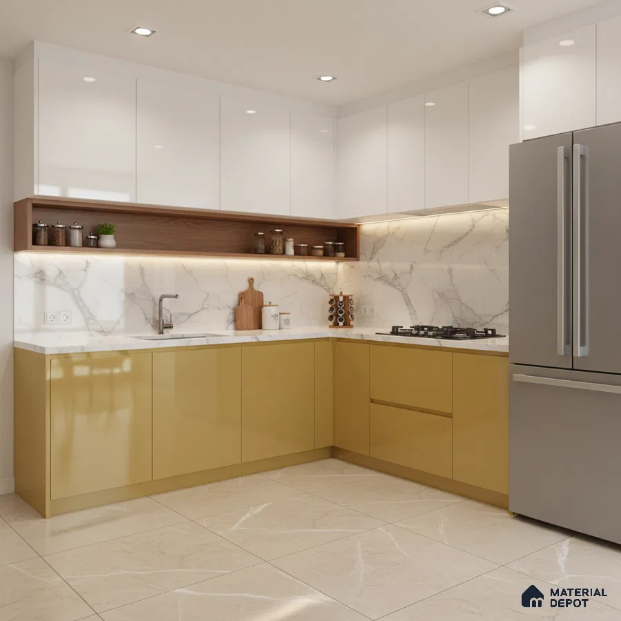 Modern dual tone kitchen with white and mustard yellow laminate, marble backsplash, and beige marble floor tiles in Bengaluru