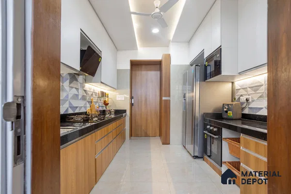 Modern dual tone kitchen with white and wood grain laminate, black granite countertop, and geometric 3D backsplash tiles in Bengaluru | Material Depot
