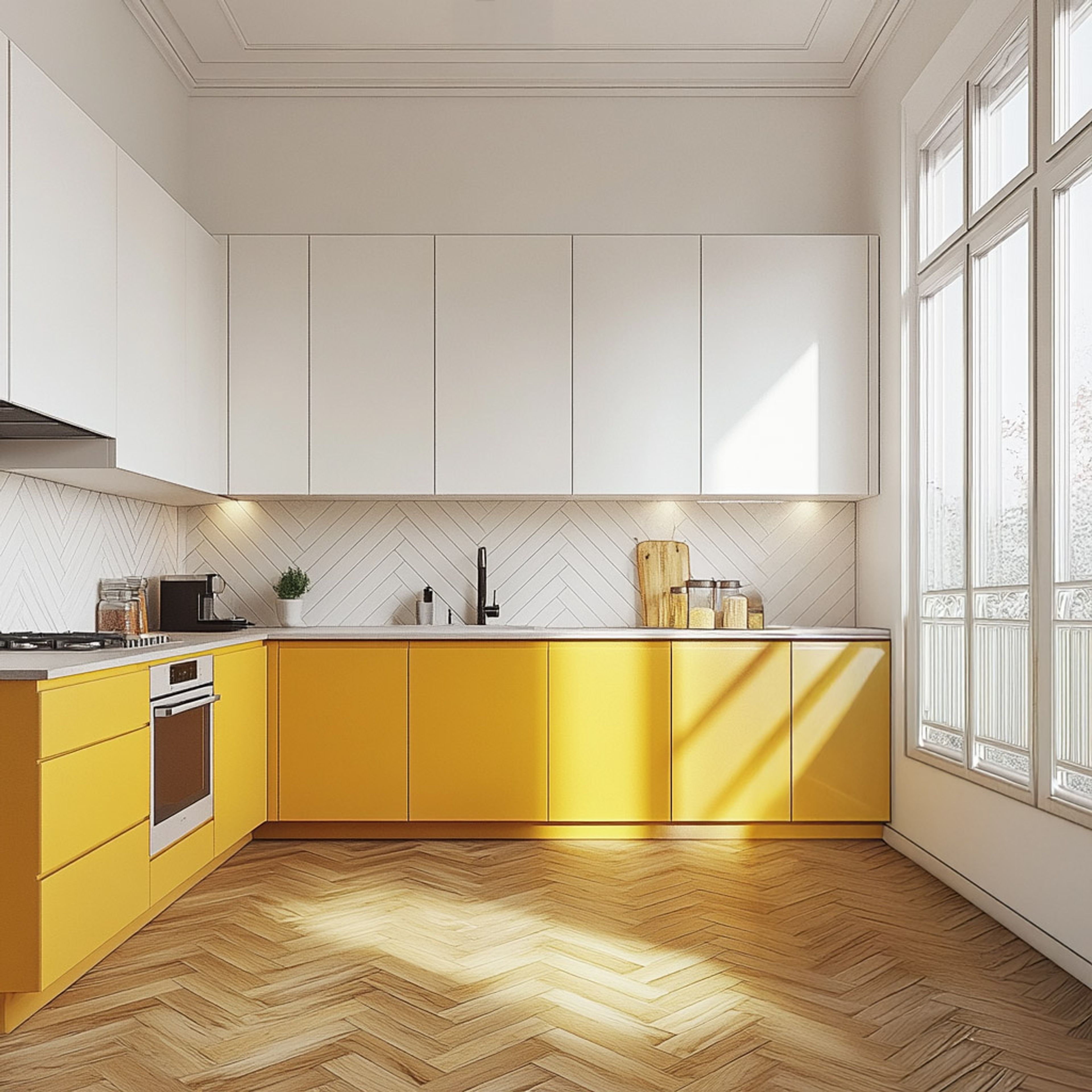 Modern dual tone kitchen with white and yellow laminate, herringbone backsplash tile, and light oak wood flooring in Bengaluru | Material Depot