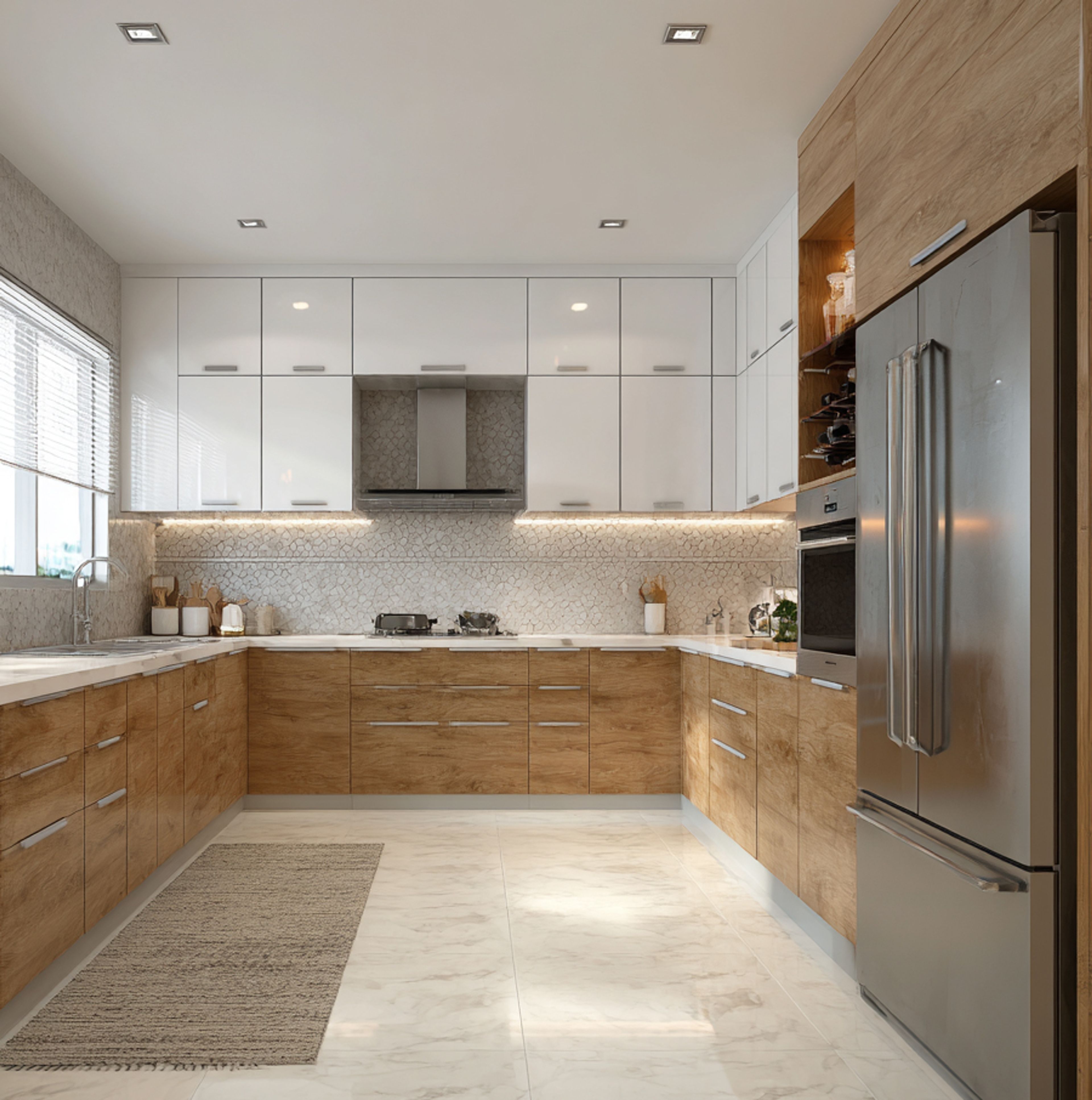 Modern dual tone kitchen with white high gloss laminate, natural oak wood laminate, and marble floor tile in Bengaluru | Material Depot