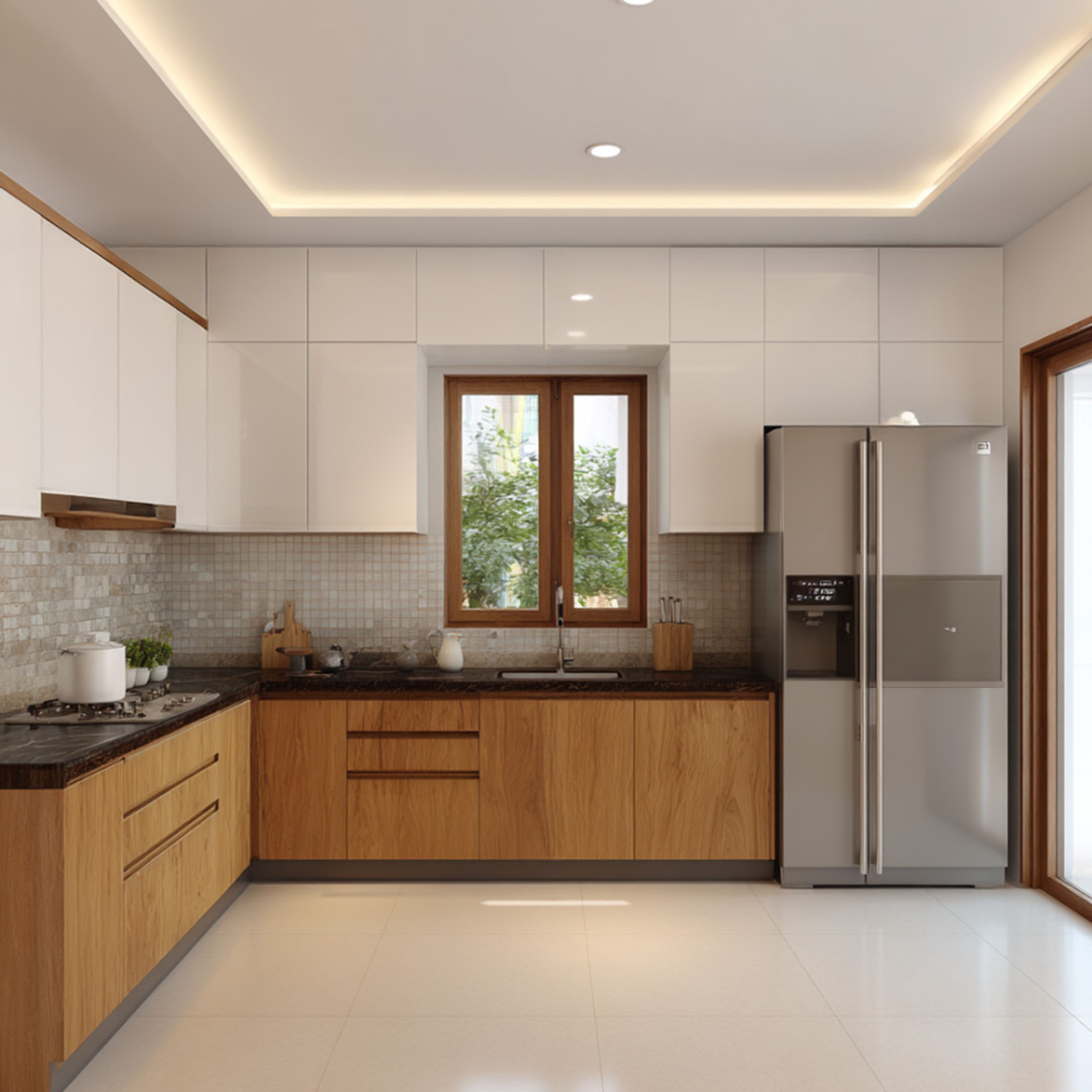 Modern dual tone kitchen with white high gloss laminate, natural oak wood laminate, and mosaic tile backsplash in Bengaluru | Material Depot