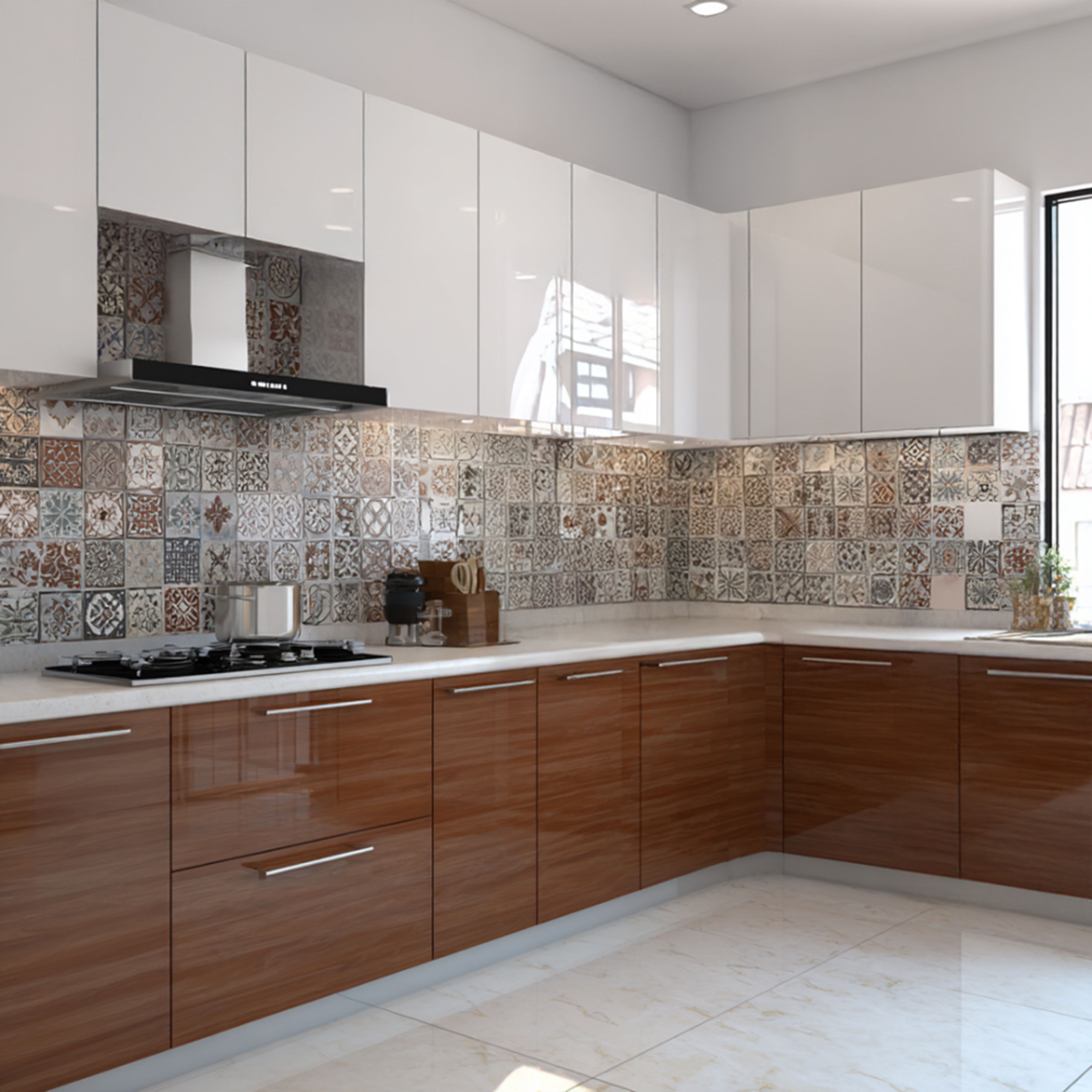 Modern dual tone kitchen with white high gloss laminate, walnut brown wood laminate, and patterned moroccan backsplash tiles in Bengaluru | Material Depot