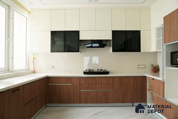 Modern dual tone kitchen with white laminate, walnut wood laminate, and white quartz countertop in Bengaluru | Material Depot