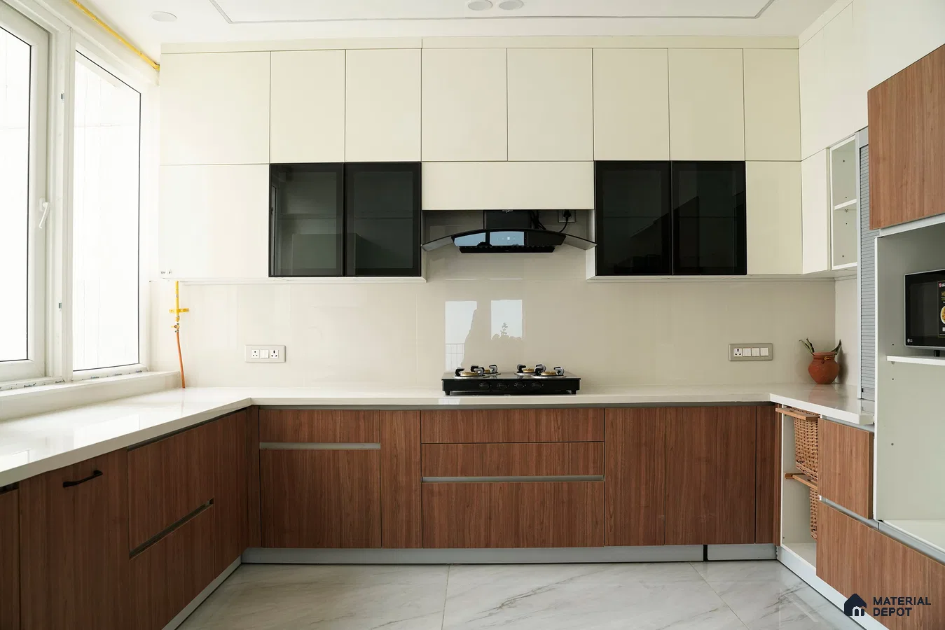 Modern dual tone kitchen with white laminate, walnut wood laminate, and white quartz countertop in Bengaluru | Material Depot
