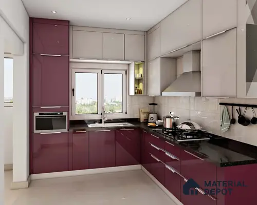 Modern dual tone kitchen with wine high gloss laminate and frosty white laminate cabinets, black granite countertop in Bengaluru | Material Depot