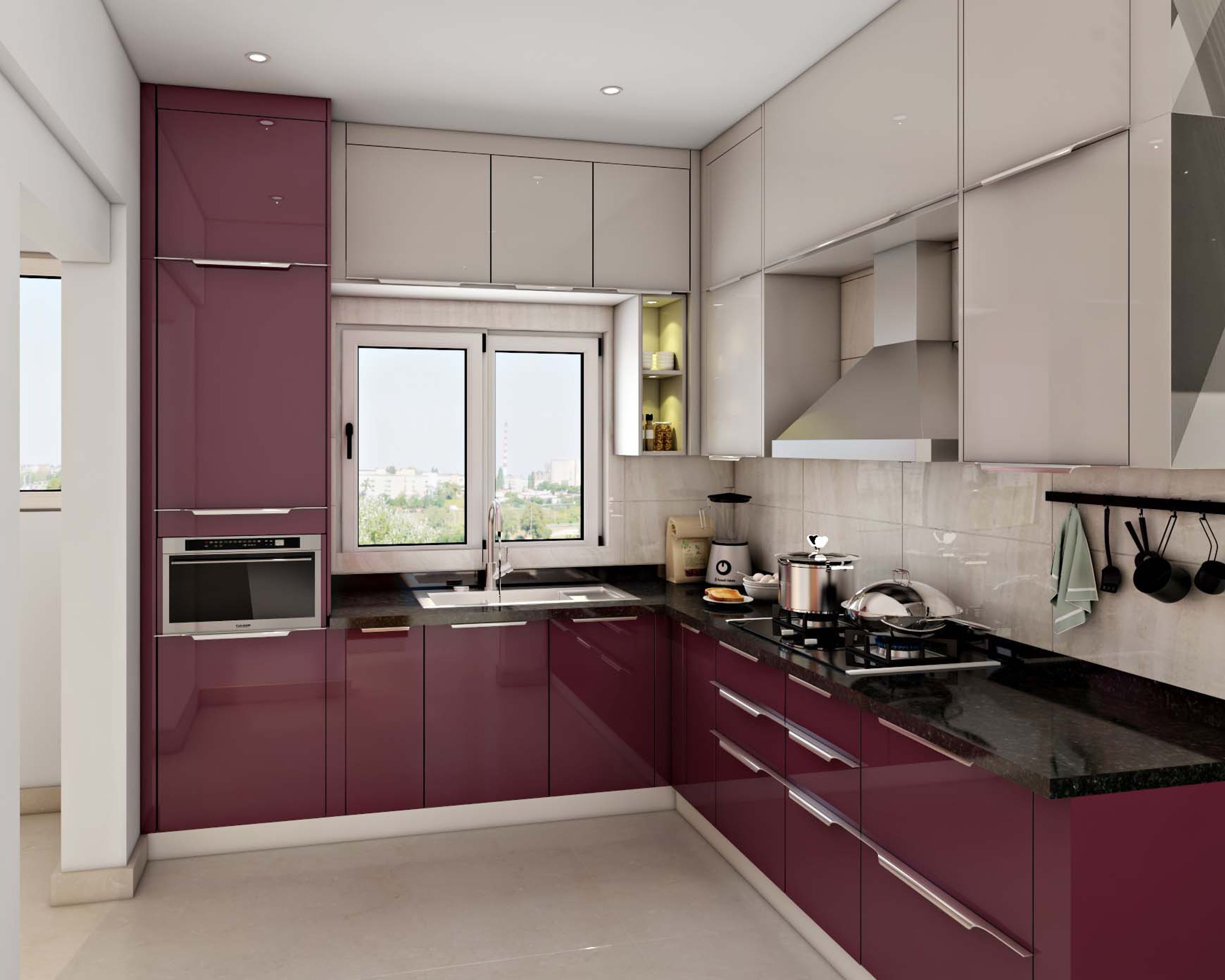 Modern dual tone kitchen with wine high gloss laminate and frosty white laminate cabinets, black granite countertop in Bengaluru | Material Depot