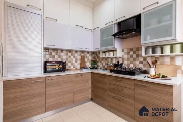 Modern dual tone kitchen with wood grain laminate, frosty white laminate, and beige checkered backsplash tiles in Bengaluru | Material Depot