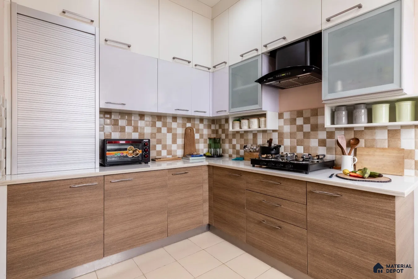 Modern dual tone kitchen with wood grain laminate, frosty white laminate, and beige checkered backsplash tiles in Bengaluru | Material Depot