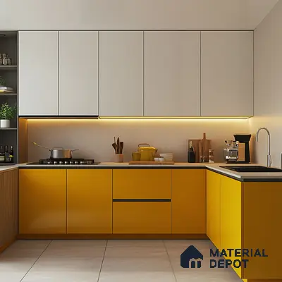 Modern dual tone kitchen with yellow and frosty white laminate cabinets and white quartz countertop in Bengaluru | Material Depot