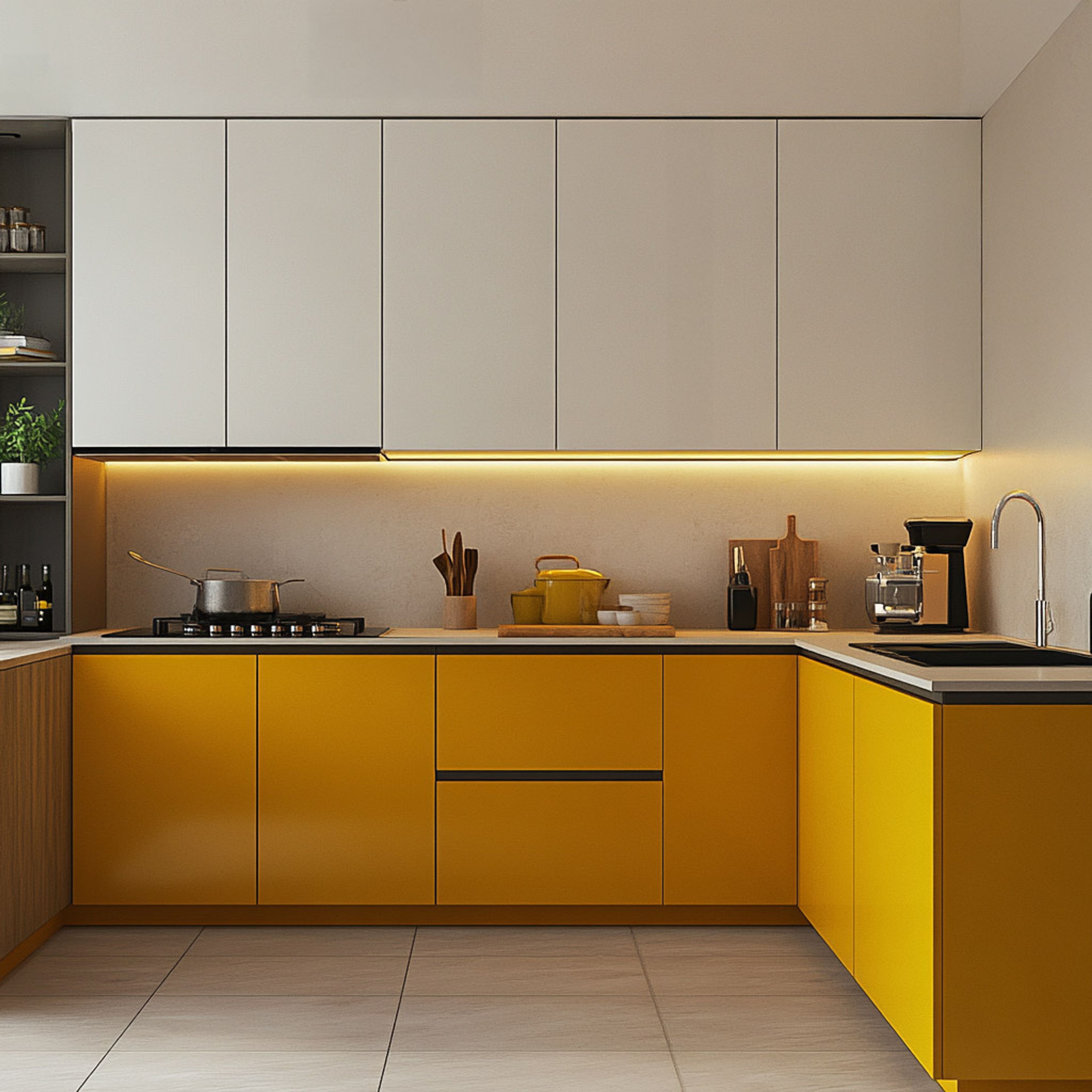 Modern dual tone kitchen with yellow and frosty white laminate cabinets and white quartz countertop in Bengaluru | Material Depot