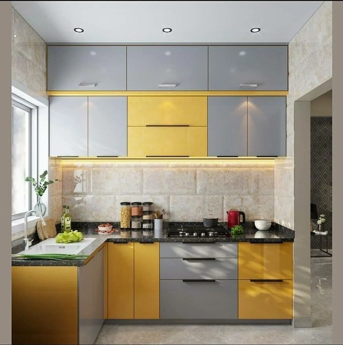 Modern dual tone kitchen with yellow and grey laminate, black granite ...