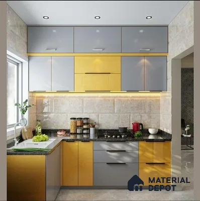 Modern dual tone kitchen with yellow and grey laminate, black granite countertop, and beige stone wall tiles in Bengaluru | Material Depot