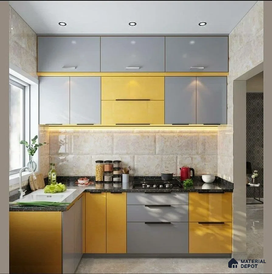 Modern dual tone kitchen with yellow and grey laminate, black granite countertop, and beige stone wall tiles in Bengaluru | Material Depot
