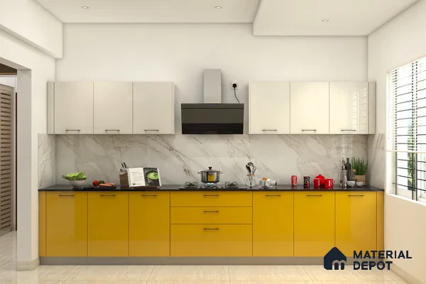Modern dual tone kitchen with yellow high gloss laminate, frosty white laminate, and marble-look backsplash in Bengaluru | Material Depot