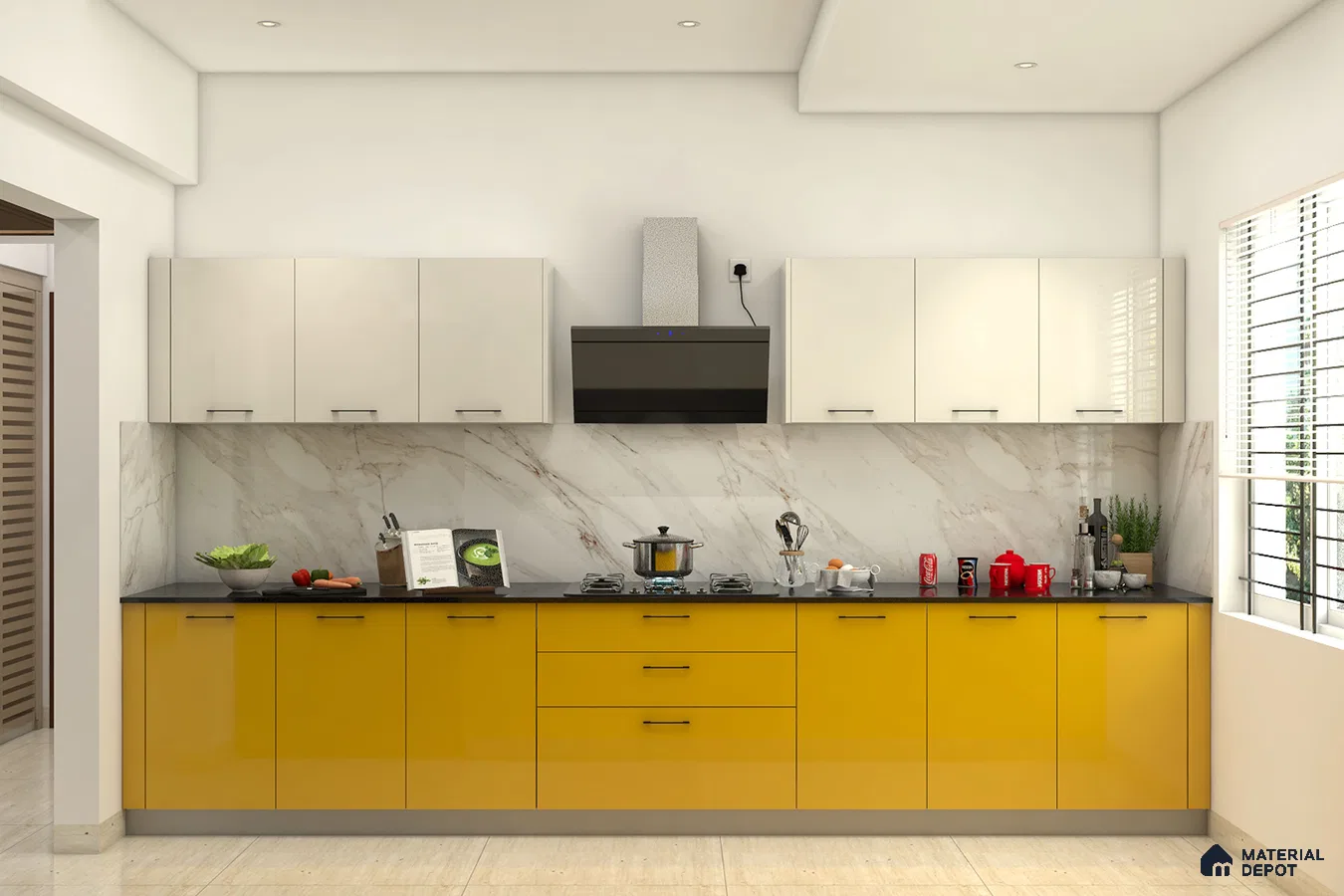 Modern dual tone kitchen with yellow high gloss laminate, frosty white laminate, and marble-look backsplash in Bengaluru | Material Depot