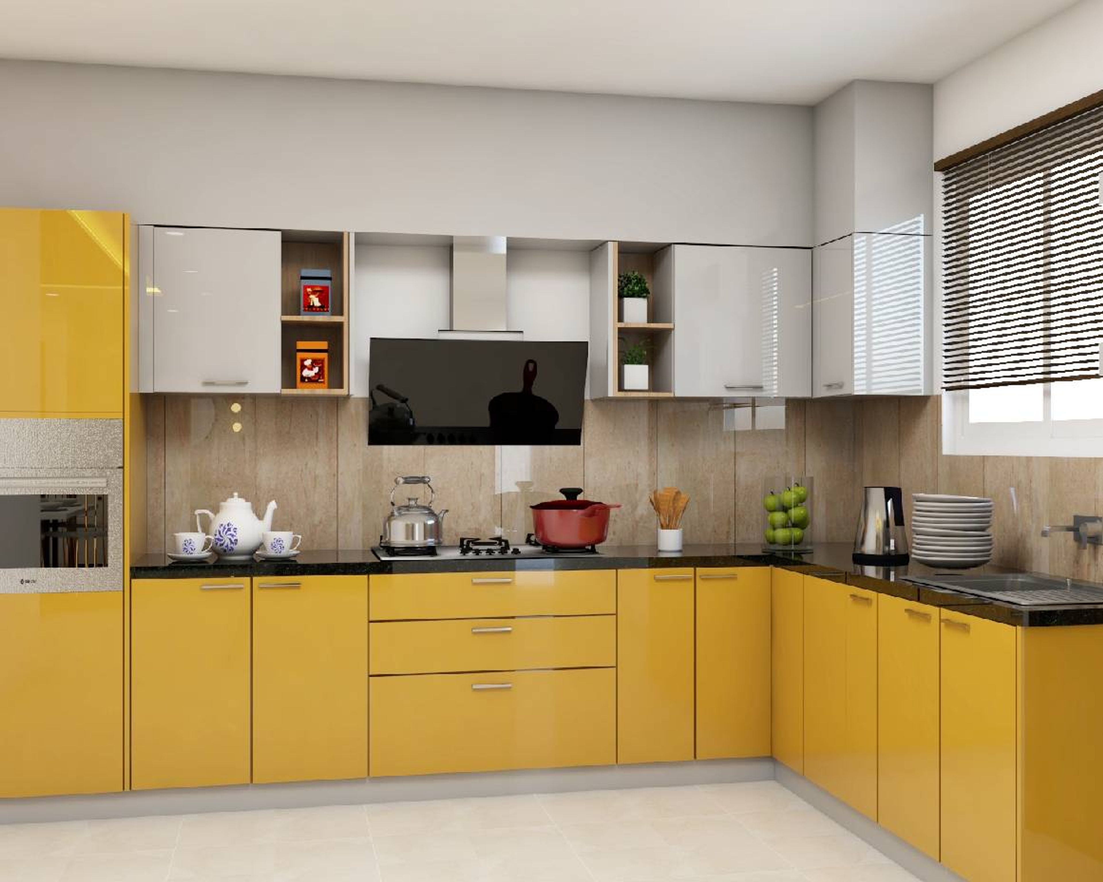 Modern dual tone kitchen with yellow high gloss laminate, white laminate, and black granite countertop in Bengaluru | Material Depot