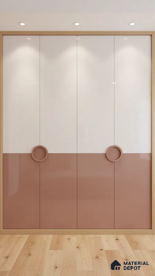 Modern dual tone wardrobe with blush pink and frosty white high gloss laminate and light oak wooden flooring in Bengaluru