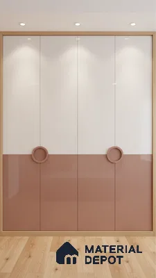 Modern dual tone wardrobe with blush pink and frosty white high gloss laminate and light oak wooden flooring in Bengaluru