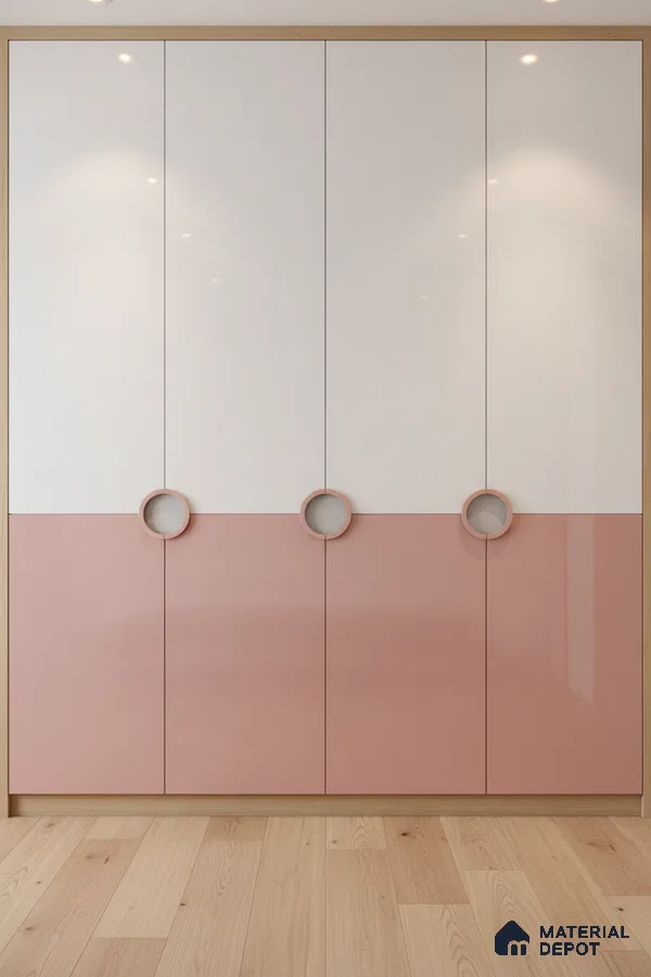 Modern dual tone wardrobe with blush pink and frosty white high gloss laminate and light oak wooden flooring in Bengaluru