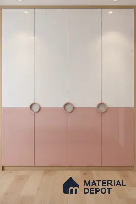 Modern dual tone wardrobe with blush pink and frosty white high gloss laminate and light oak wooden flooring in Bengaluru