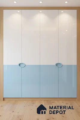 Modern dual tone wardrobe with frosty white and pastel blue high gloss laminate and light oak wooden frame in Bengaluru