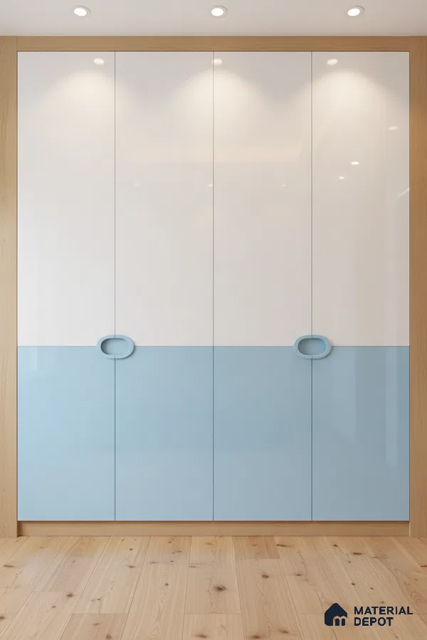 Modern dual tone wardrobe with frosty white and pastel blue high gloss laminate and light oak wooden frame in Bengaluru