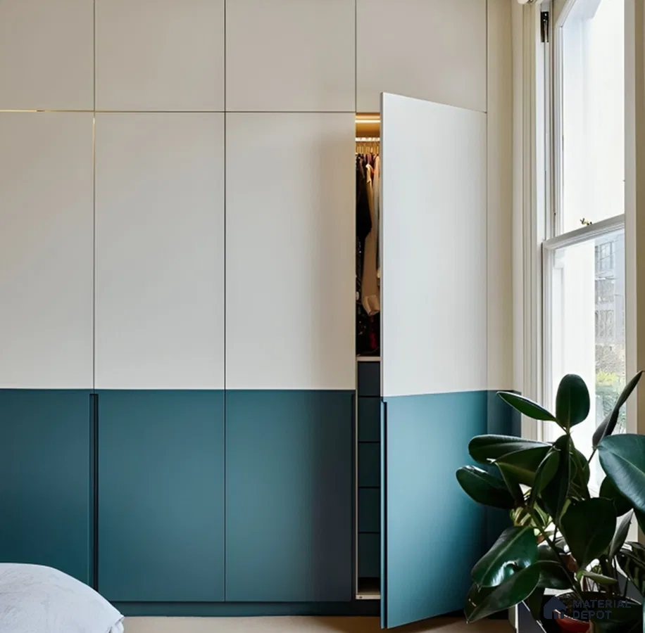 Modern dual-tone wardrobe with frosty white and teal blue solid color laminates | Material Depot