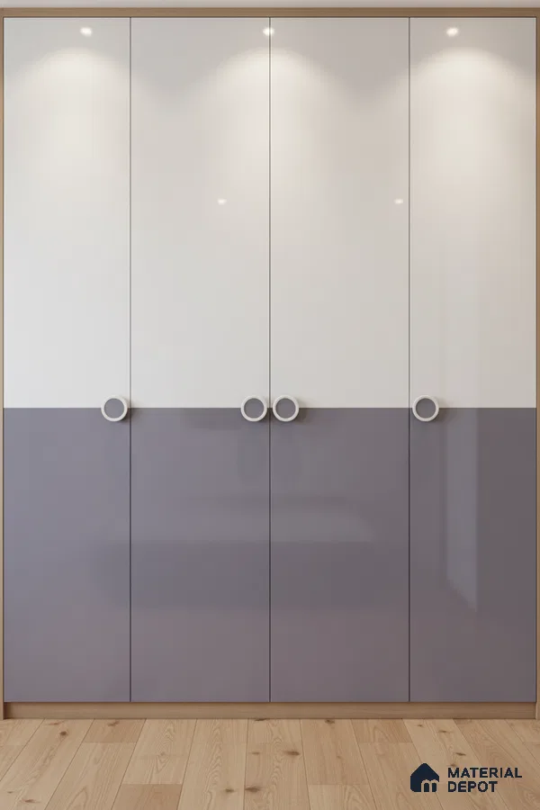 Modern dual tone wardrobe with glossy white and lavender laminate shutters and light oak wooden flooring in Bengaluru