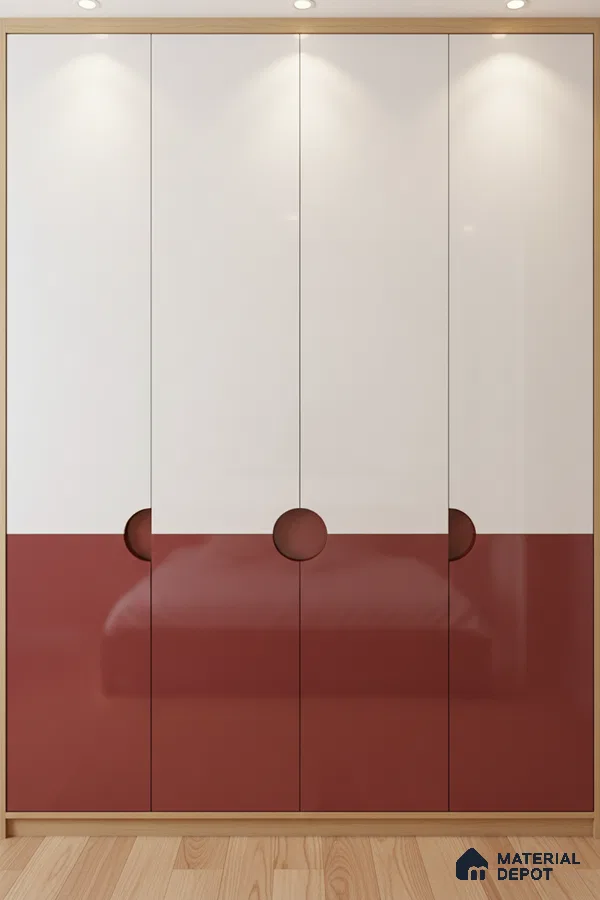 Modern dual tone wardrobe with glossy white and terracotta red laminate in bedroom in Bengaluru