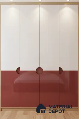 Modern dual tone wardrobe with glossy white and terracotta red laminate in bedroom in Bengaluru