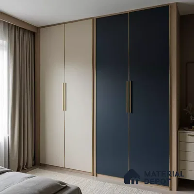 Modern dual-tone wardrobe with navy blue and beige solid color laminates in bedroom | Material Depot