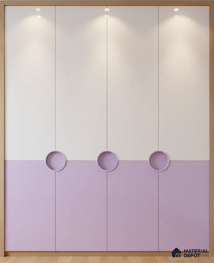 Modern dual tone wardrobe with pastel lavender and white laminate in kids room in Bengaluru