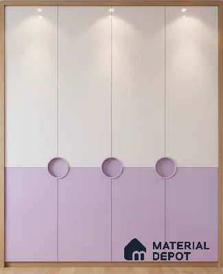 Modern dual tone wardrobe with pastel lavender and white laminate in kids room in Bengaluru