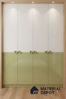 Modern dual tone wardrobe with sage green and frosty white laminate and light oak wooden flooring in Bengaluru