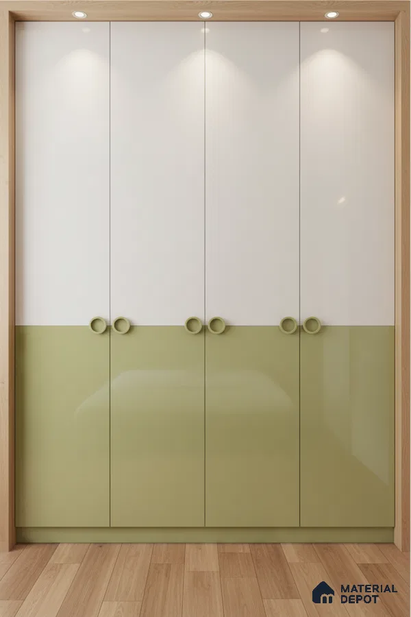 Modern dual tone wardrobe with sage green and frosty white laminate and light oak wooden flooring in Bengaluru