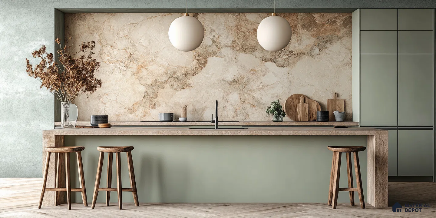 Modern Earthy Kitchen with Marble Backsplash and Sage Cabinets | Material Depot