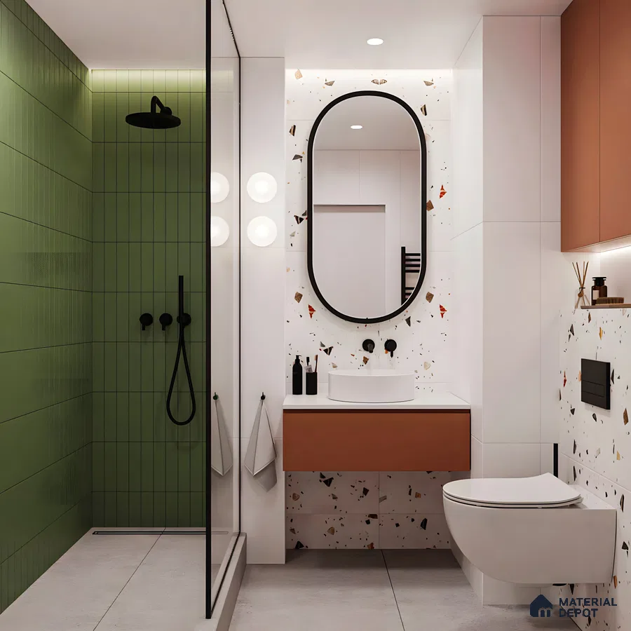 Modern Eclectic Bathroom with Terrazzo and Green Tones | Material Depot