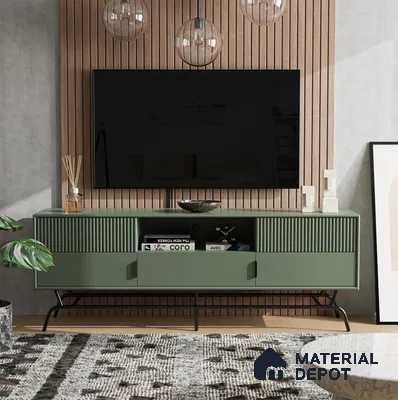 Blend of classy sage green laminate and wooden louvers on the cabinet and Wall | Material Depot