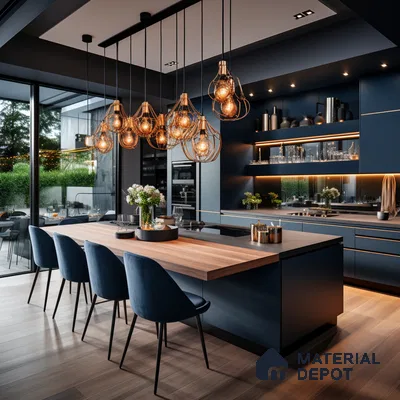 Modern Elegance: A Sleek Navy Blue Kitchen with Warm Wood Accents and Industrial Lighting | Material Depot