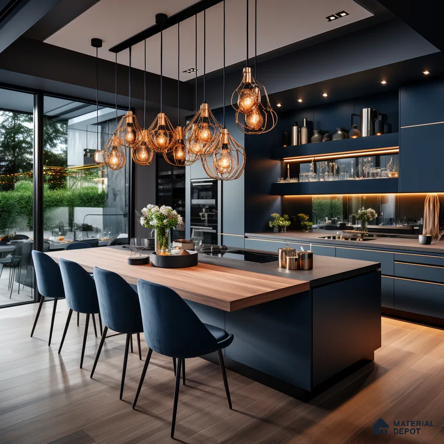 Modern Elegance: A Sleek Navy Blue Kitchen with Warm Wood Accents and Industrial Lighting | Material Depot
