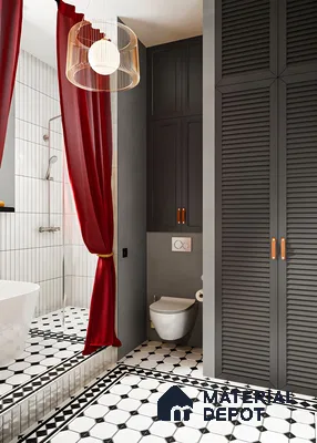 Modern Elegance: Gray and Red Bathroom with Geometric Floor Tiles | Material Depot
