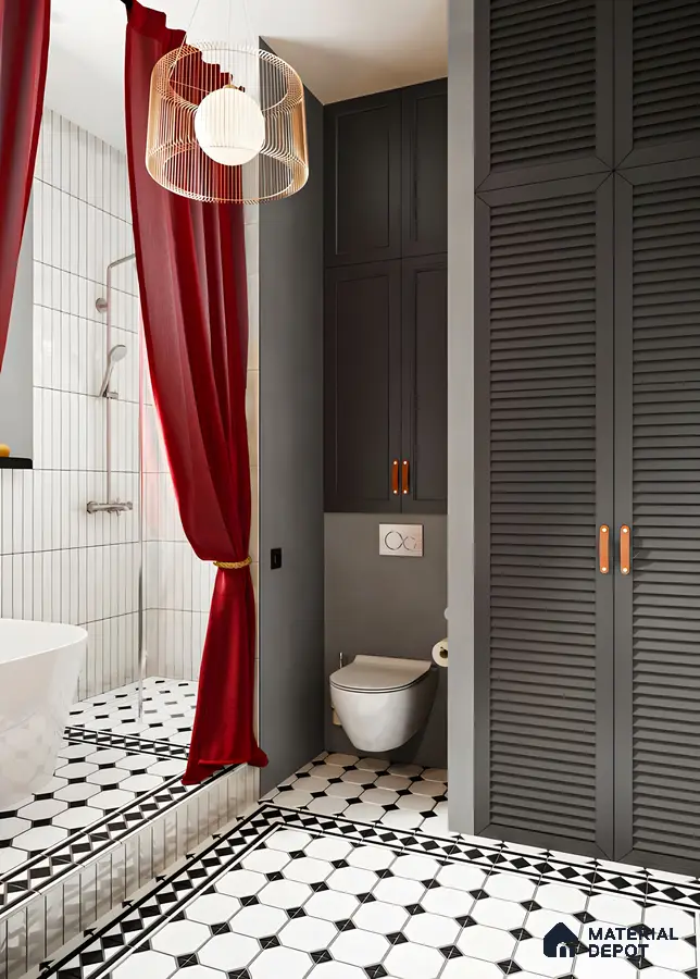 Modern Elegance: Gray and Red Bathroom with Geometric Floor Tiles | Material Depot