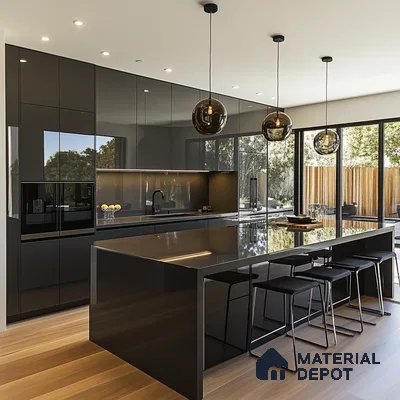 Modern Elegance in Monochrome: Sleek Kitchen Design with Reflective Black Surfaces | Material Depot